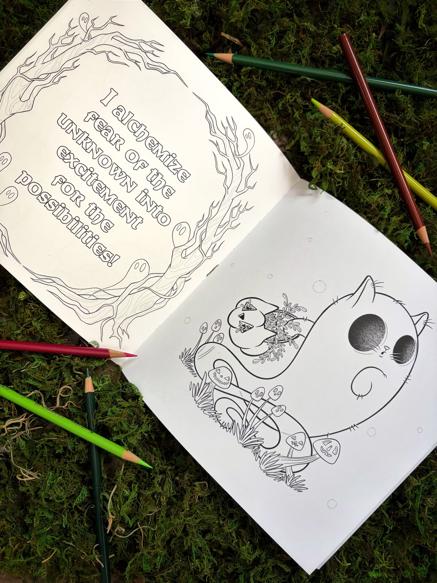 Coloring book with a cat ghost illustration and text on a mossy surface with colored pencils.