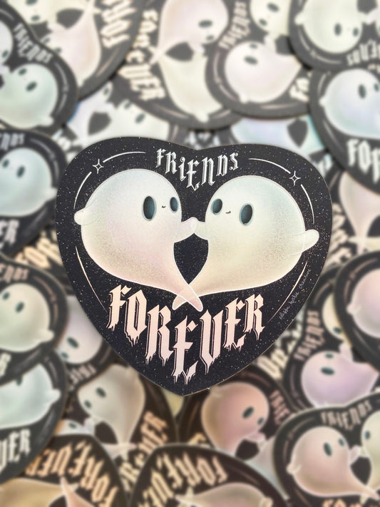 A holographic sticker with a design that reads 'Friends Forever' and features two cartoon ghosts holding hands.