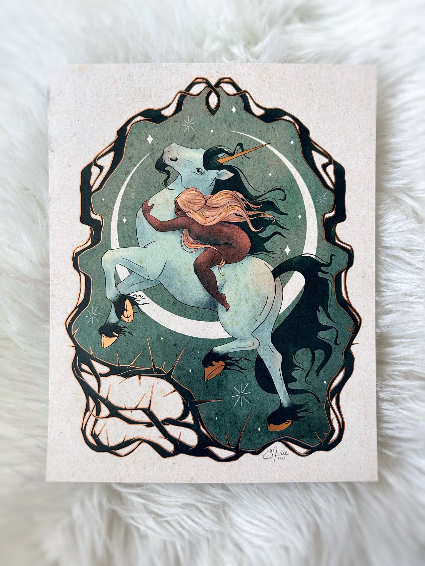Unicorn and the Maiden Gold Foil Art Print